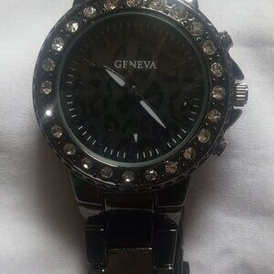 Geneva Japan Move Black Watch Rhinestone Bazel, Gun Metal, New Battery, Working